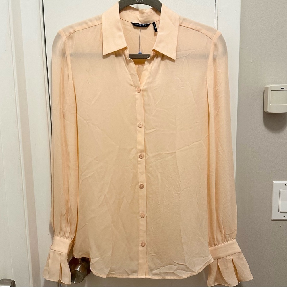Marciano 100% Silk Pale Peach Blouse S Button Up Collar Ruffle Sleeve Top Shirt